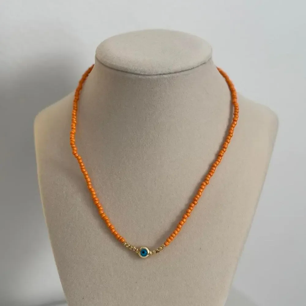 Orange Beaded Evil Eye Necklace Boho Protection Charm Jewelry Gift - Picture 4 of 4